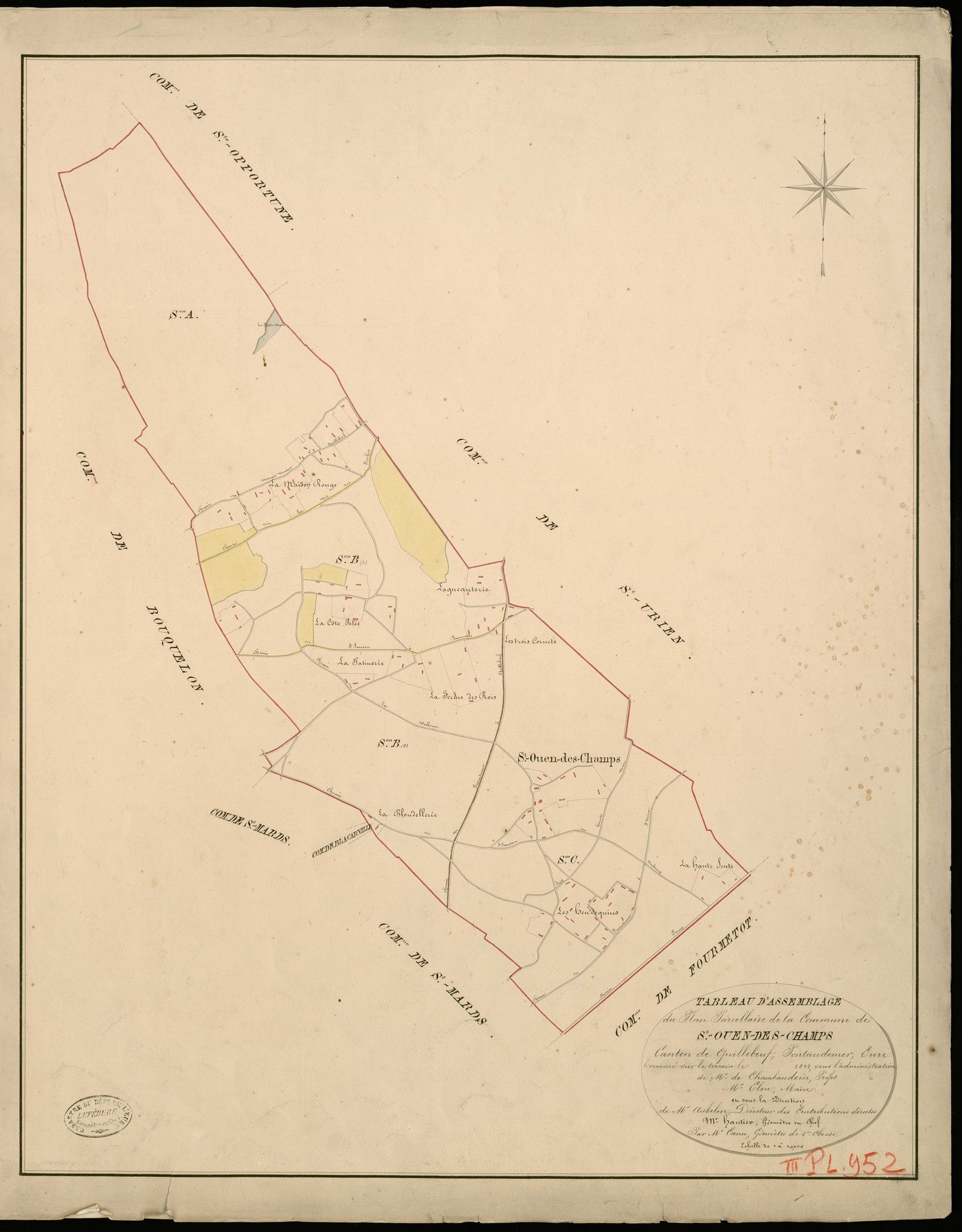 Saint-Ouen-des-Champs. Tableau d'assemblage _ du Plan Parcellaire de la Commune de Ste Ouen-des-Champs _ Canton de Quillebeuf - Pontaudemer - Eure. _ Terminé sur le Terrain en 1824, sous l'administration de M. de Chambaudoin, Préfet _ M. El