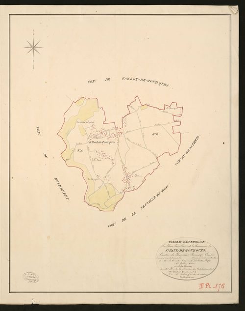 Saint-Paul-de-Fourques. Tableau d'assemblage _ du Plan Parcellaire de la Commune de Saint-Paul-de-Fourques _ Canton de Brionne - Bernay - Eure. _ Terminé sur le Terrain en 1827, sous l'administration de M.le Vicomte Raymond Delaitre, Préfet