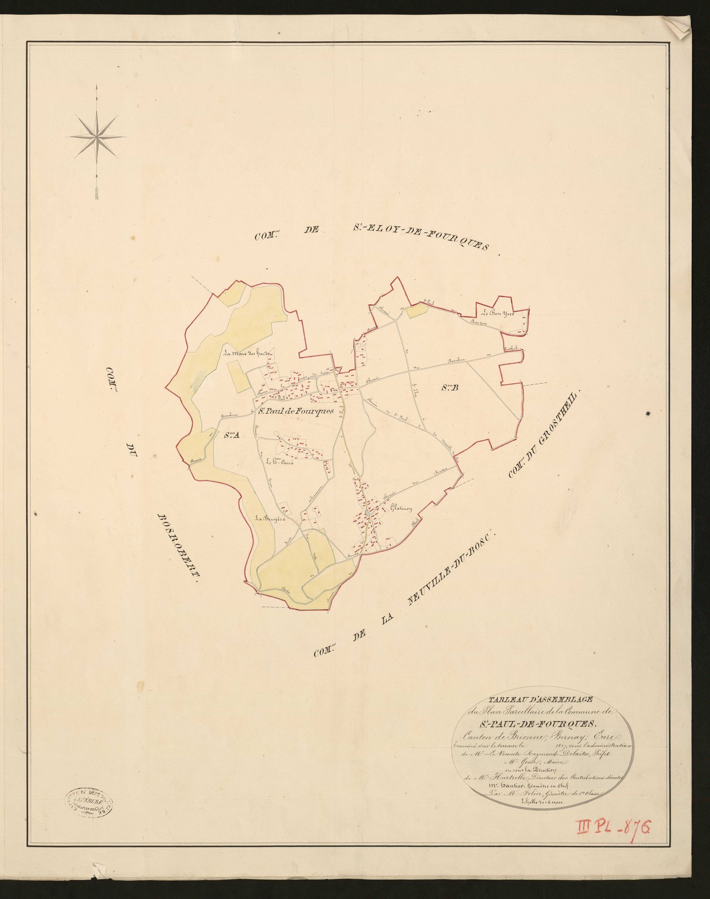 Saint-Paul-de-Fourques. Tableau d'assemblage _ du Plan Parcellaire de la Commune de Saint-Paul-de-Fourques _ Canton de Brionne - Bernay - Eure. _ Terminé sur le Terrain en 1827, sous l'administration de M.le Vicomte Raymond Delaitre, Préfet