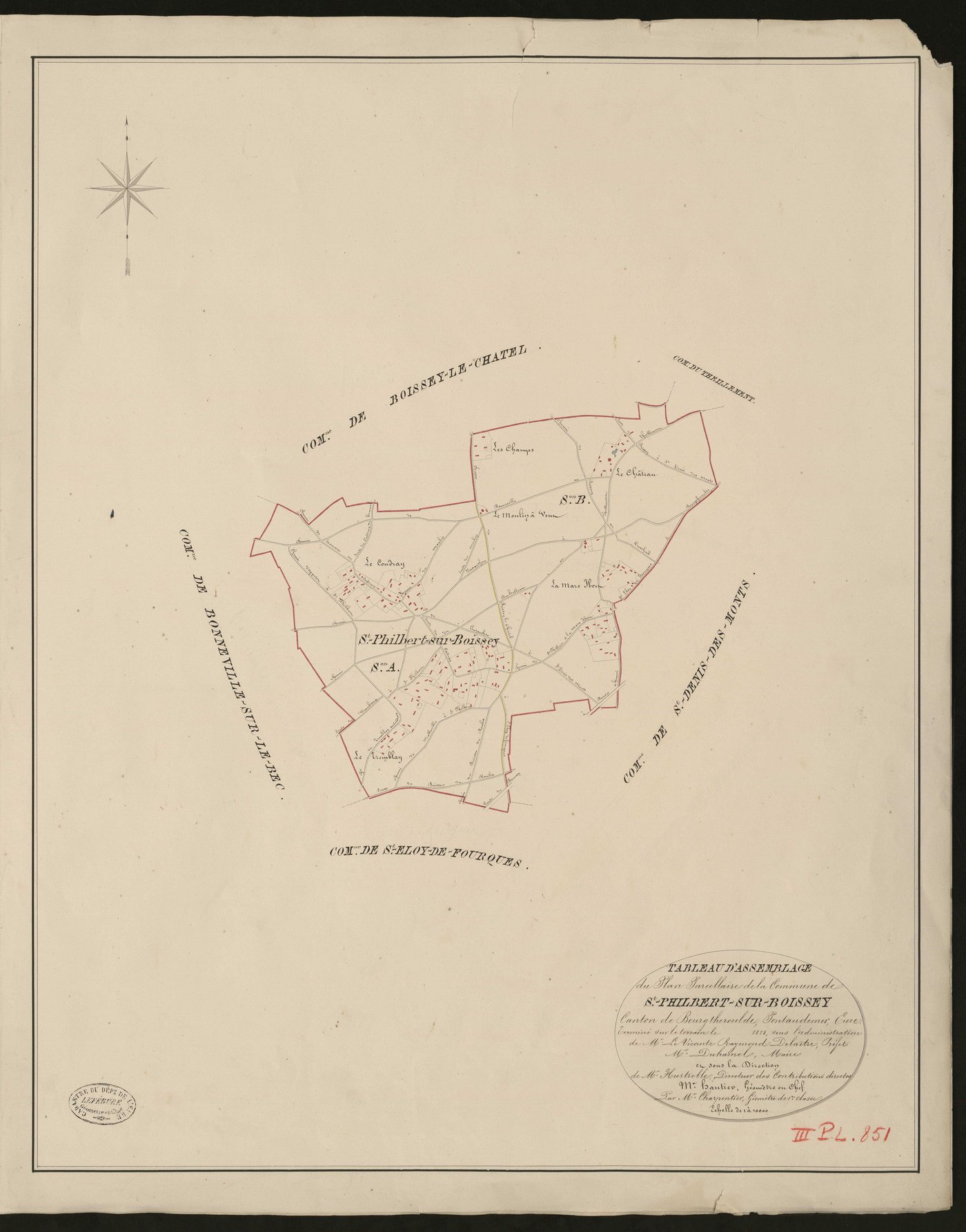 Saint-Philbert-sur-Boissey. Tableau d'assemblage du Plan Parcellaire de la Commune de Saint-Philbert-sur-Boissey. _ Canton de Bourgtheroulde - Pontaudemer - Eure. _ Terminé sur le terrain en 1828, sous l'administration de M. Le Vicomte Raym