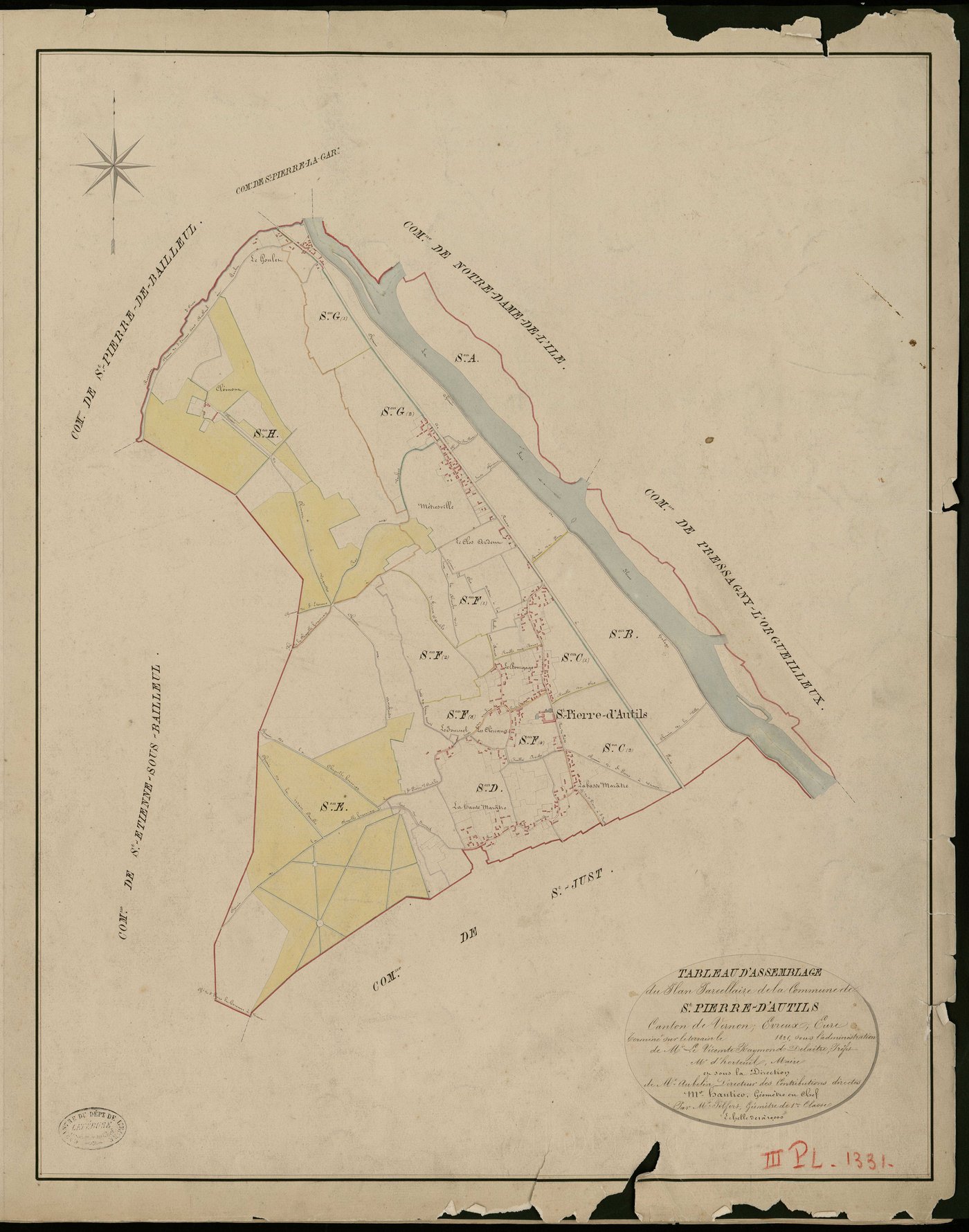 Saint-Pierre-d'Autils. Tableau d'assemblage _ du Plan Parcellaire de la Commune de Saint Pierre d'Autils _ Canton de Vernon - Evreux - Eure. _ Terminé sur le Terrain en 1825, sous l'administration de M. Le Vicomte Raymond Delaitre, Préfet _