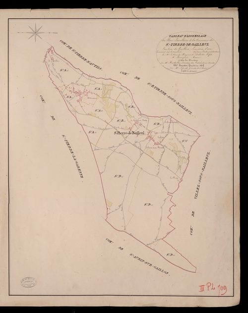 Saint-Pierre-de-Bailleul. Tableau d'assemblage du Plan Parcellaire de la Commune Saint-Pierre-de-Bailleul _ Canton de Gaillon - Louviers - Eure. _ Terminé sur le terrain en 1829, sous l'administration de M. Le Vicomte Raymond Delaitre, Préf