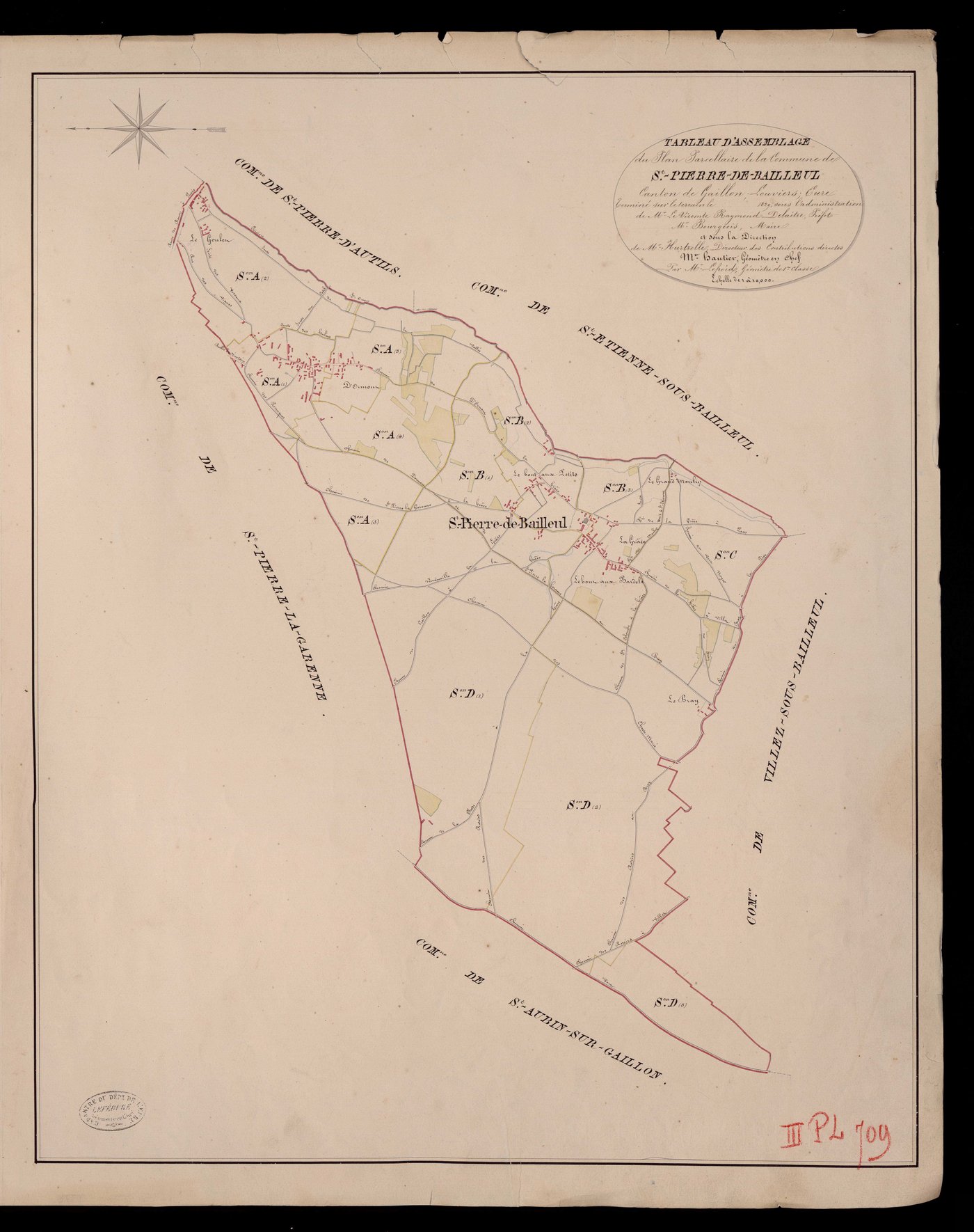 Saint-Pierre-de-Bailleul. Tableau d'assemblage du Plan Parcellaire de la Commune Saint-Pierre-de-Bailleul _ Canton de Gaillon - Louviers - Eure. _ Terminé sur le terrain en 1829, sous l'administration de M. Le Vicomte Raymond Delaitre, Préf