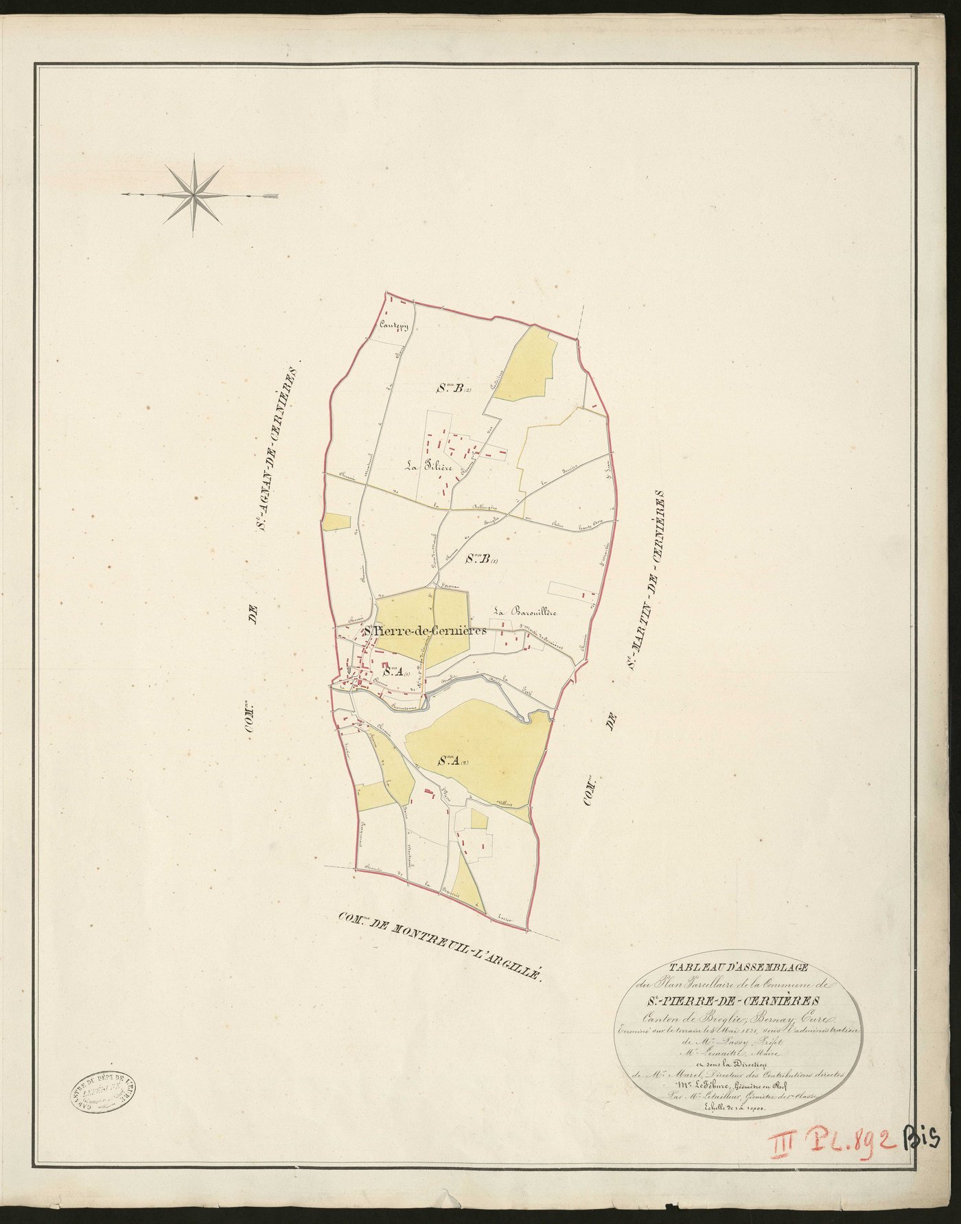 Saint-Pierre-de-Cernières. Tableau d'assemblage _ du Plan Parcellaire de la Commune de Saint-Pierre-de-Cernières _ Canton de Broglie - Bernay - Eure. _ Terminé sur le terrain le 5 Mai 1831, sous l'administration _ de M. Passy, Préfet _ M. L