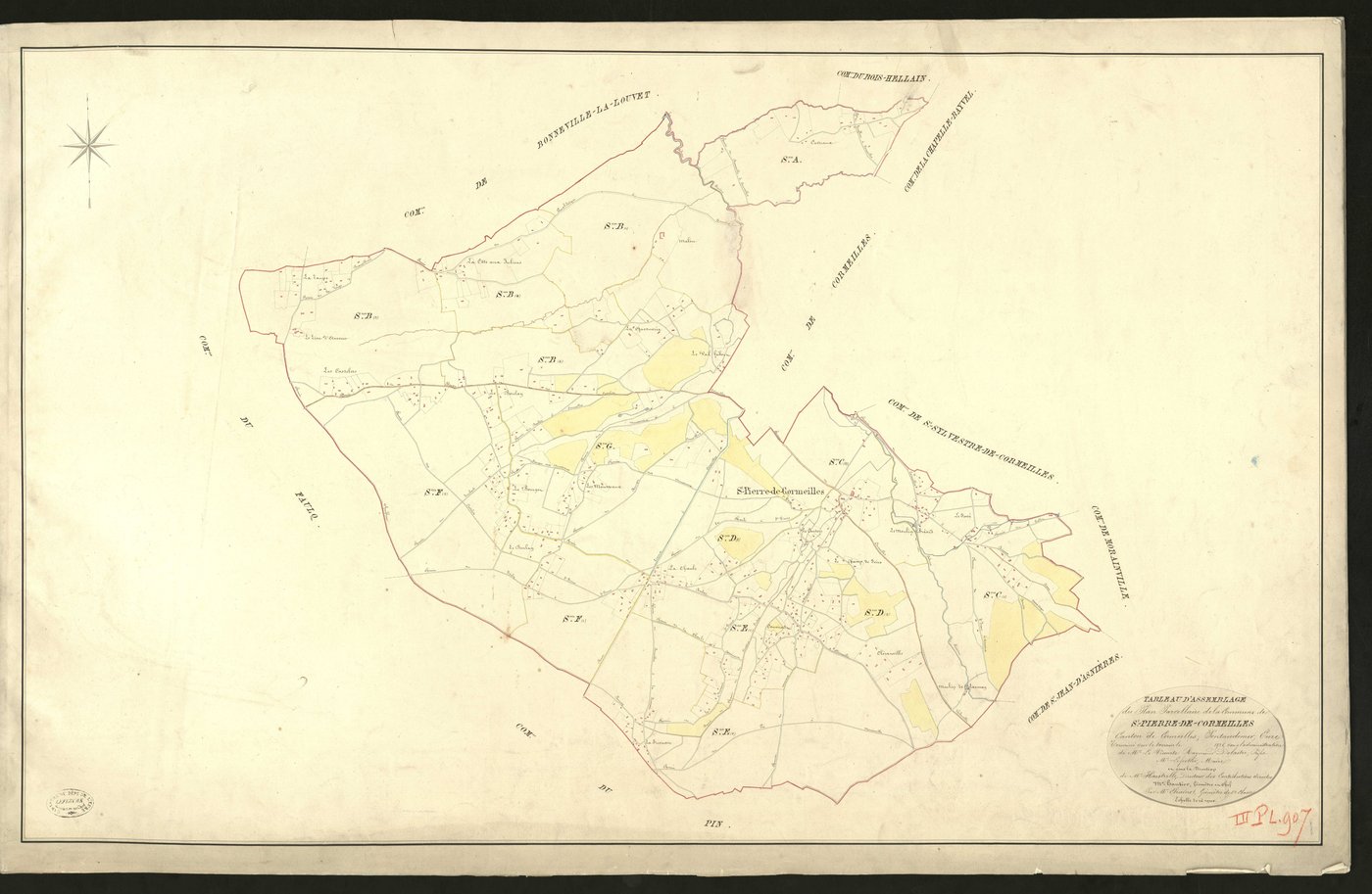 Saint-Pierre-de-Cormeilles. Tableau d'assemblage du Plan Parcellaire de la Commune de Saint-Pierre-de-Cormeilles _ Canton de Cormeilles - Pont-Audemer - Eure _ Terminé sur le terrain le 1826, sous l'administration de M. Le Vicomte Raymond D