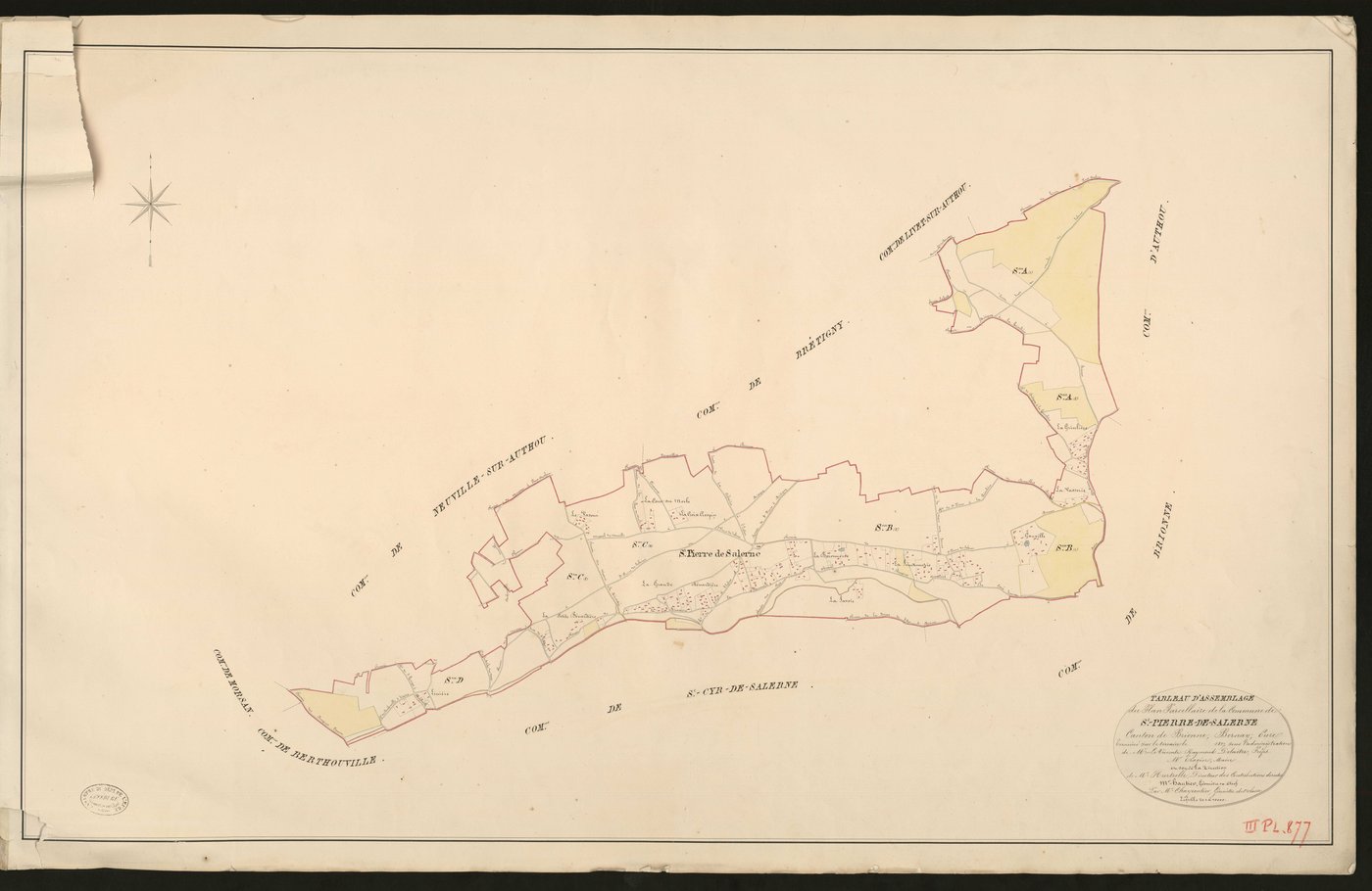 Saint-Pierre-de-Salerne. Tableau d'assemblage _ du Plan Parcellaire de la Commune de Saint-Pierre-de-Salerne _ Canton de Brionne - Bernay - Eure. _ Terminé sur le Terrain en 1827, sous l'administration de M.le Vicomte Raymond Delaitre, Préf