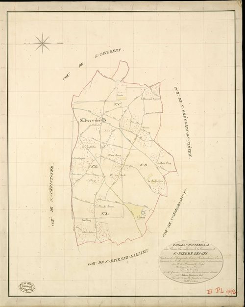 Saint-Pierre-des-Ifs. Tableau d'assemblage _ du Plan Parcellaire de la Commune de St Pierre des Ifs _ Canton de St Georges-du-Vièvre - Pontaudemer - Eure. _ Terminé sur le Terrain le 21 Octobre 1839 , sous l'administration de M. de Monicaul