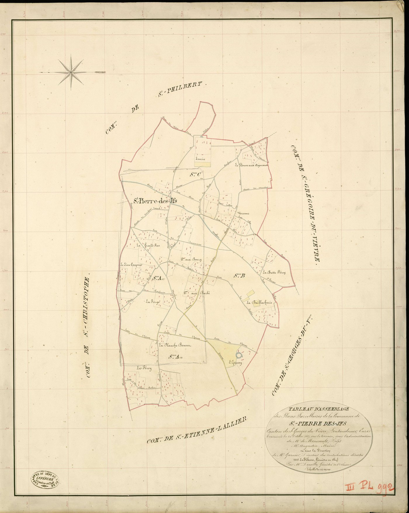 Saint-Pierre-des-Ifs. Tableau d'assemblage _ du Plan Parcellaire de la Commune de St Pierre des Ifs _ Canton de St Georges-du-Vièvre - Pontaudemer - Eure. _ Terminé sur le Terrain le 21 Octobre 1839 , sous l'administration de M. de Monicaul