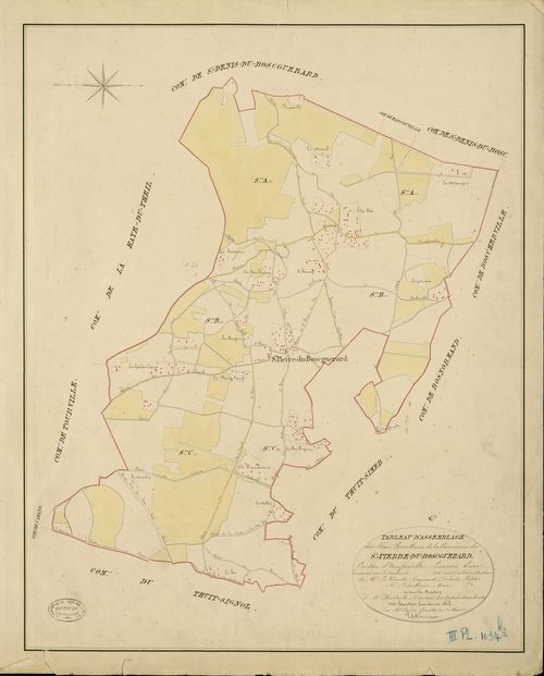 Saint-Pierre-du-Bosguérard. Tableau d'assemblage _ du Plan Parcellaire de la Commune de St Pierre-du-Boscguerard _ Canton d'Amfreville - Louviers - Eure. _ Terminé sur le Terrain en 1828, sous l'administration de M. Le Vicomte Raymond Delaî