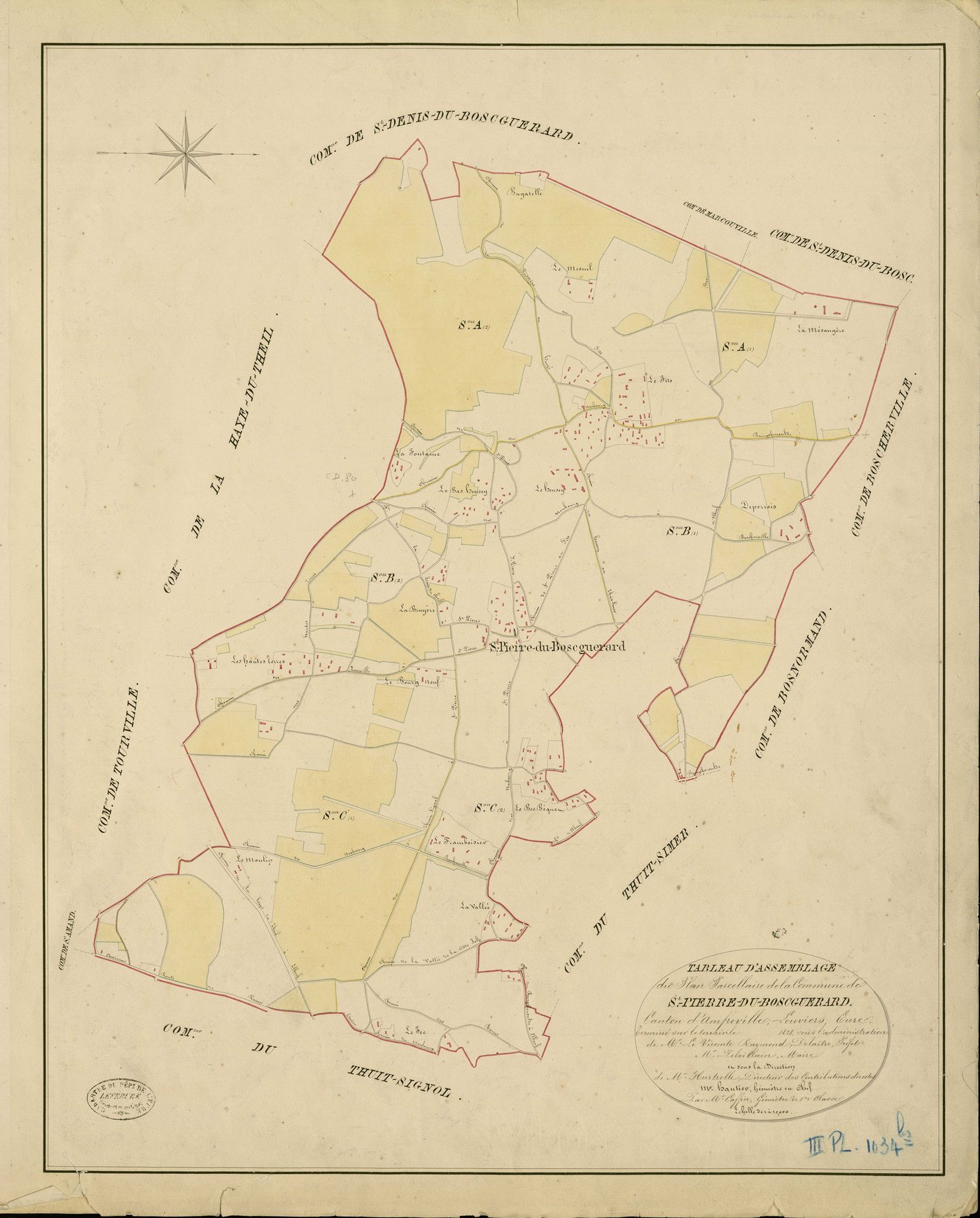 Saint-Pierre-du-Bosguérard. Tableau d'assemblage _ du Plan Parcellaire de la Commune de St Pierre-du-Boscguerard _ Canton d'Amfreville - Louviers - Eure. _ Terminé sur le Terrain en 1828, sous l'administration de M. Le Vicomte Raymond Delaî
