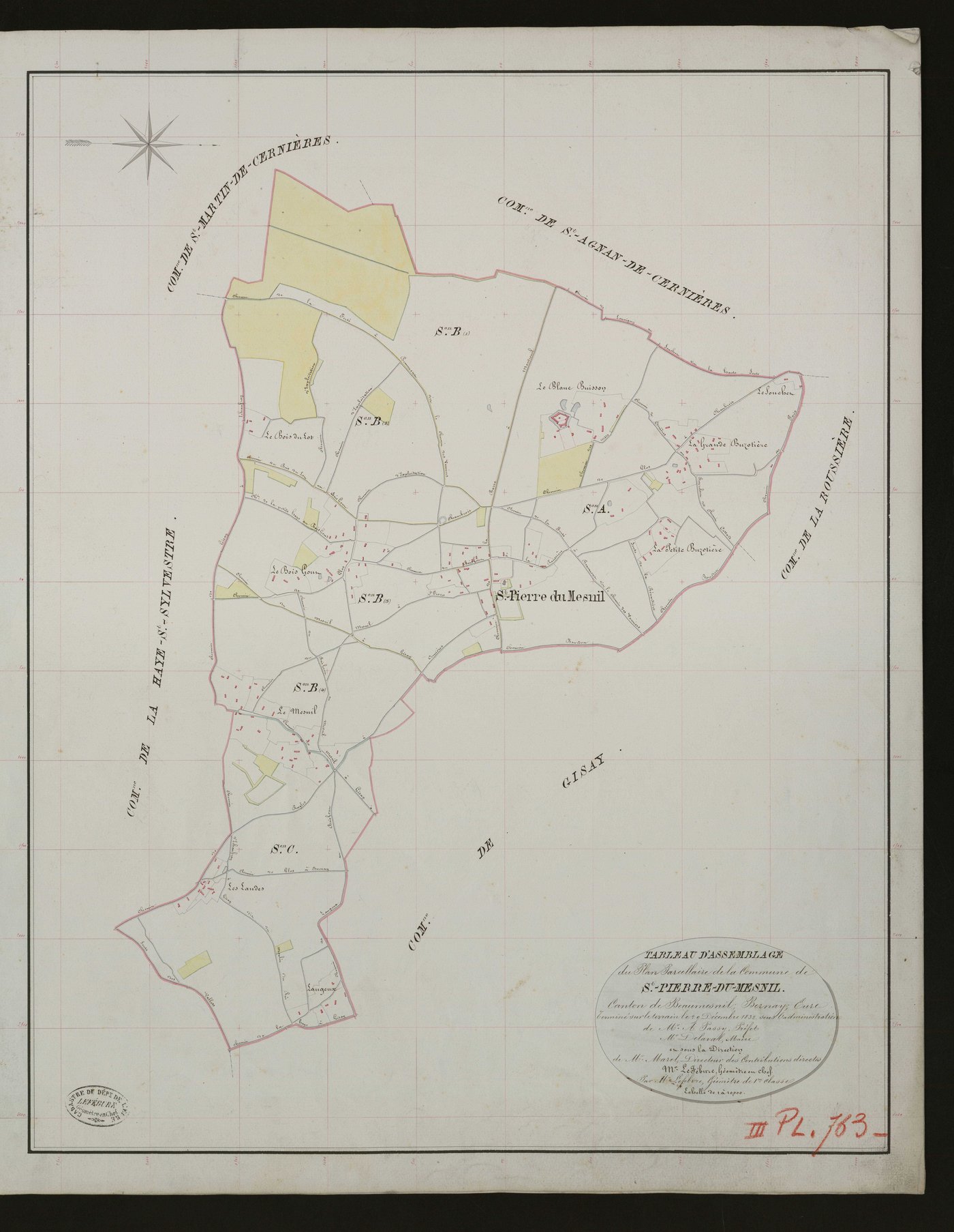 Saint-Pierre-du-Mesnil. Tableau d'assemblage _ du Plan Parcellaire de la Commune de St-Pierre-du-Mesnil. _ Canton de Beaumesnil - Bernay - Eure. _ Terminé sur le terrain le 29 décembre 1832 sous l'administration de M. A. Passy, Préfet _ M.D