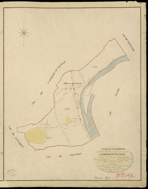 Saint-Pierre-du-Vauvray. Tableau d'assemblage _ du Plan Parcellaire de la Commune de St Pierre du Vauvray _ Canton de Louviers - Louviers - Eure. _ Terminé sur le Terrain en 1823, sous l'administration de M. Le Vicomte Raymond Delaitre, Pré