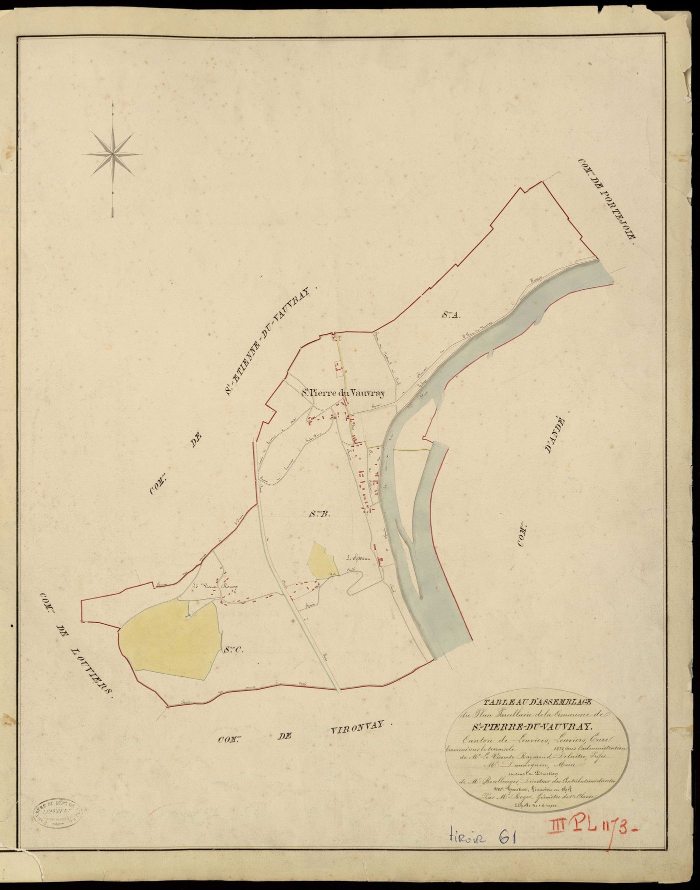 Saint-Pierre-du-Vauvray. Tableau d'assemblage _ du Plan Parcellaire de la Commune de St Pierre du Vauvray _ Canton de Louviers - Louviers - Eure. _ Terminé sur le Terrain en 1823, sous l'administration de M. Le Vicomte Raymond Delaitre, Pré
