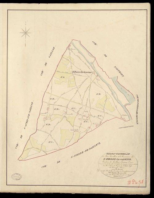 Saint-Pierre-la-Garenne. Tableau d'assemblage du Plan Parcellaire de la Commune Saint-Pierre-la-Garenne _ Canton de Gaillon - Louviers - Eure. _ Terminé sur le terrain le 18 septembre 1829, sous l'administration de M. Le Vicomte Raymond Del