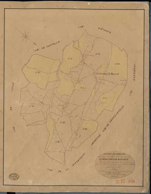 Saint-Sébastien-de-Morsent. Tableau d'assemblage _ du Plan Parcellaire de la Commune de St Sébastien de Morsent _ Canton de Evreux Sud - Evreux - Eure. _ Terminé sur le Terrain le 4 Octobre 1841, sous l'administration de M. Zédé, Préfet _ M