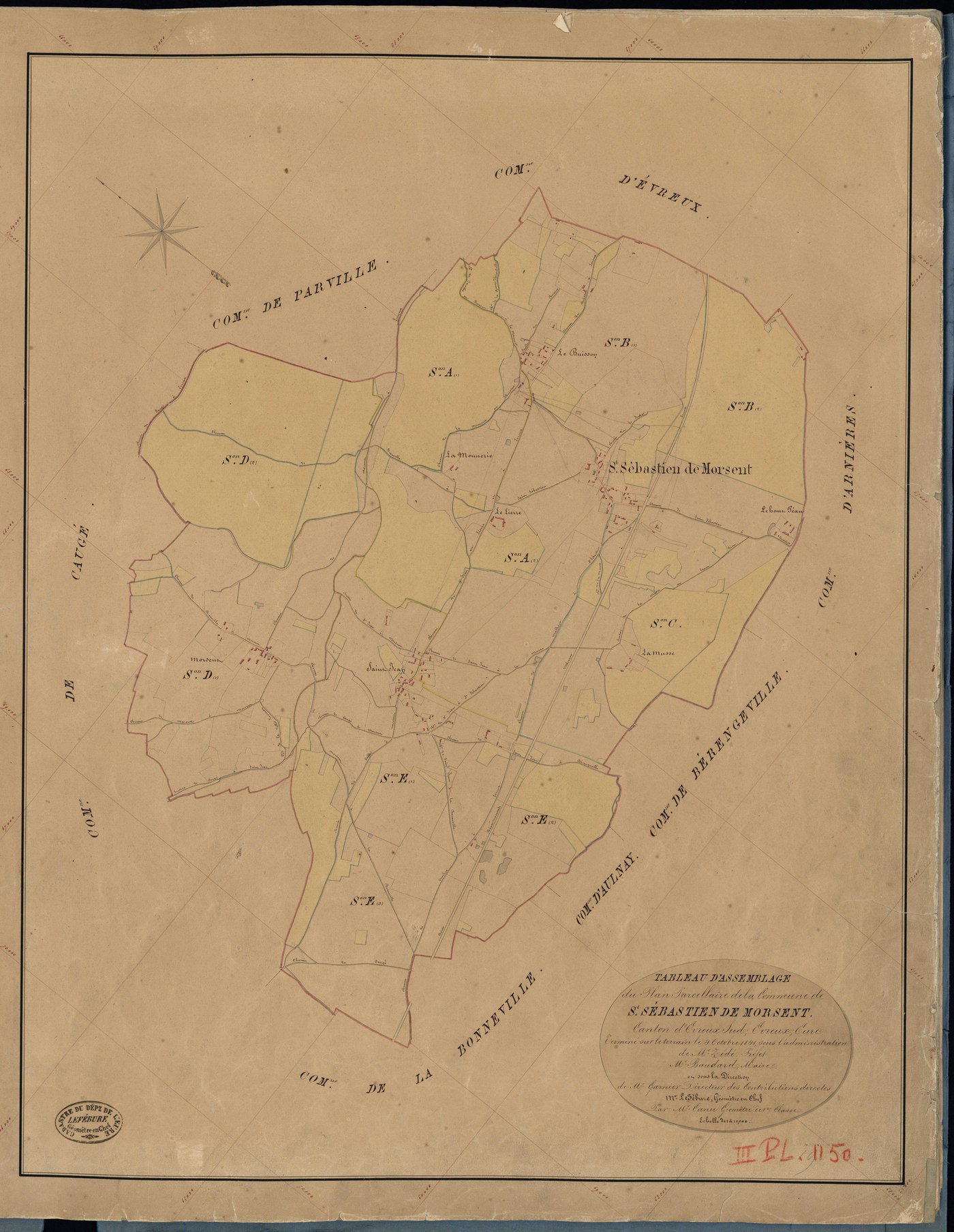 Saint-Sébastien-de-Morsent. Tableau d'assemblage _ du Plan Parcellaire de la Commune de St Sébastien de Morsent _ Canton de Evreux Sud - Evreux - Eure. _ Terminé sur le Terrain le 4 Octobre 1841, sous l'administration de M. Zédé, Préfet _ M
