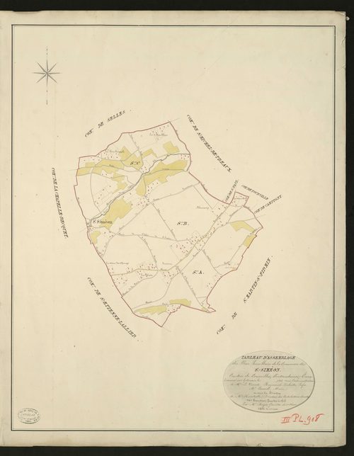 Saint-Siméon. Tableau d'assemblage _ du Plan Parcellaire de la Commune de Saint-Siméon _ Canton de Cormeille - Pontaudemer - Eure. _ Terminé sur le Terrain en 1826, sous l'administration de Mr. Vicomte Raymond Delaitre, Préfet _ M. Conard, 