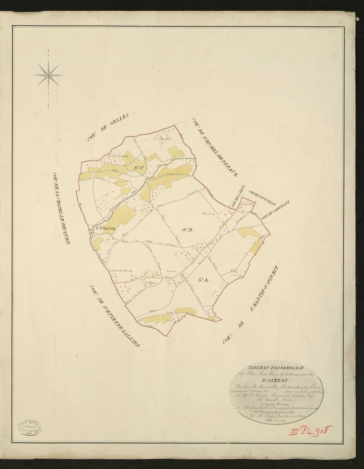 Saint-Siméon. Tableau d'assemblage _ du Plan Parcellaire de la Commune de Saint-Siméon _ Canton de Cormeille - Pontaudemer - Eure. _ Terminé sur le Terrain en 1826, sous l'administration de Mr. Vicomte Raymond Delaitre, Préfet _ M. Conard, 