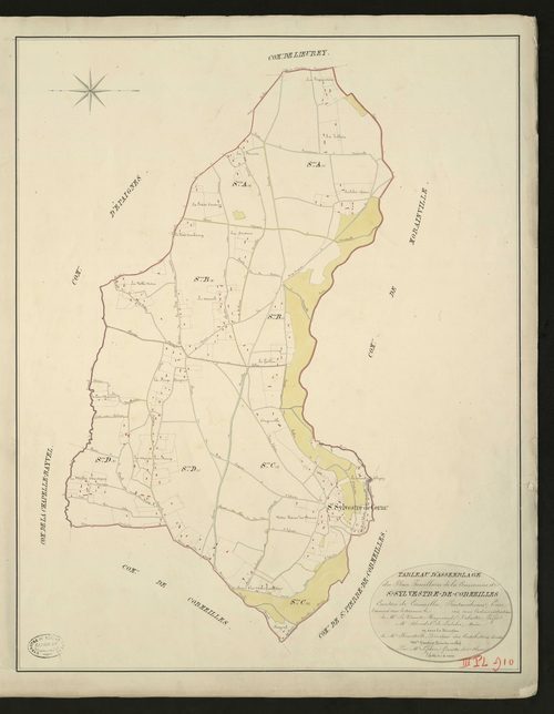 Saint-Sylvestre-de-Cormeilles. Tableau d'assemblage _ du Plan Parcellaire de la Commune de Saint-Sylvestre-de-Cormeilles _ Canton de Cormeille - Pontaudemer - Eure. _ Terminé sur le Terrain en 1826, sous l'administration de Mr. Vicomte Raym