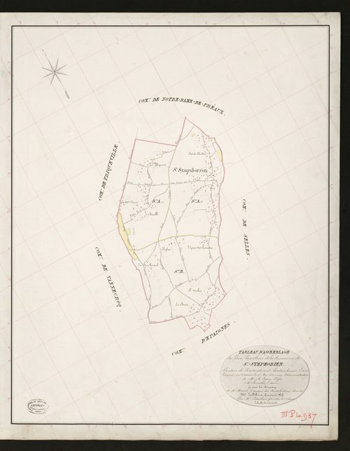 Saint-Symphorien. Tableau d'assemblage _ du Plan Parcellaire de la Commune de Saint Symphorien _ Canton de Pontaudemer - Pontaudemer - Eure. _ Terminé sur le Terrain le 25 mai 1832, sous l'administration de M. A Passy, Préfet _ M. Lecasble,