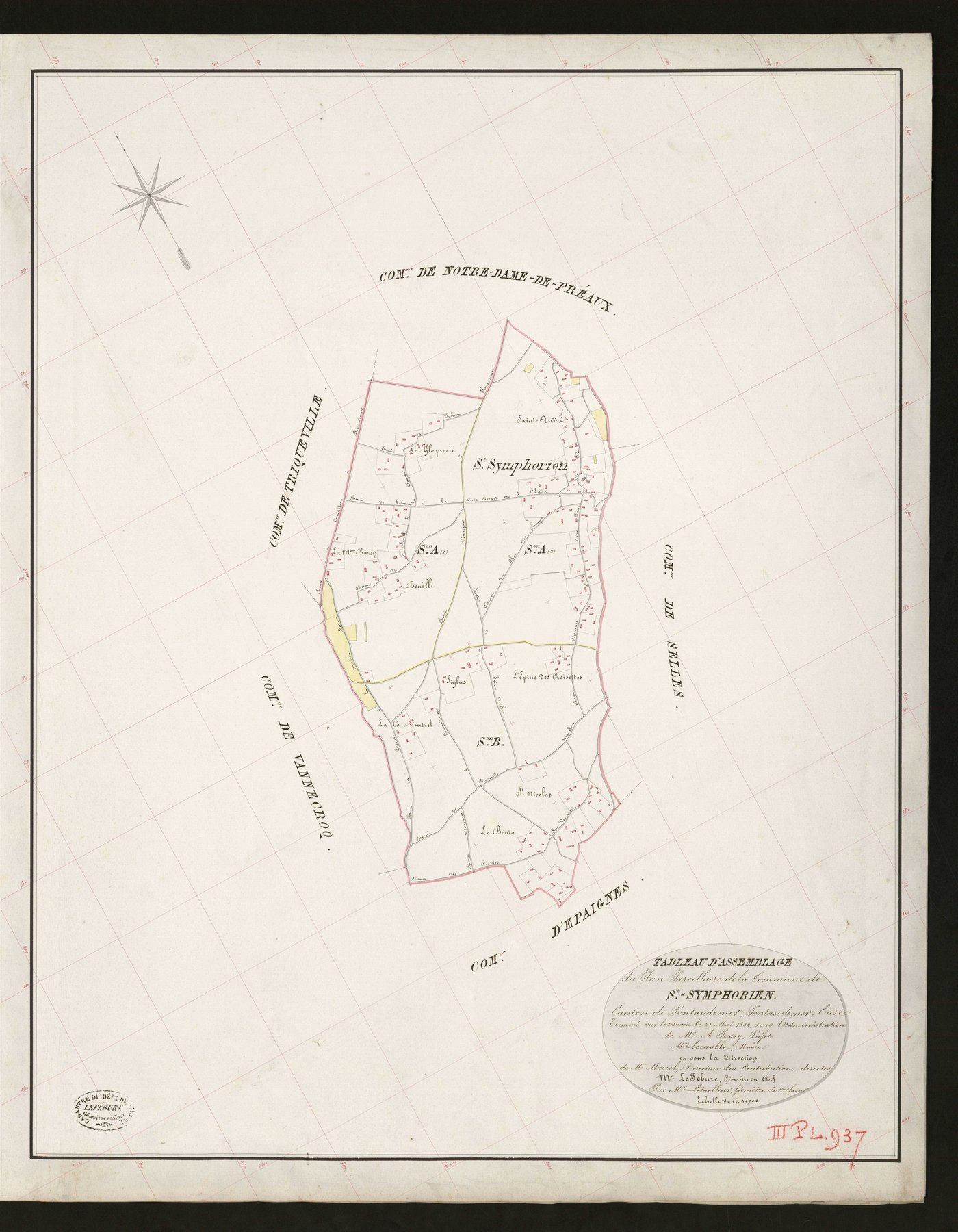 Saint-Symphorien. Tableau d'assemblage _ du Plan Parcellaire de la Commune de Saint Symphorien _ Canton de Pontaudemer - Pontaudemer - Eure. _ Terminé sur le Terrain le 25 mai 1832, sous l'administration de M. A Passy, Préfet _ M. Lecasble,