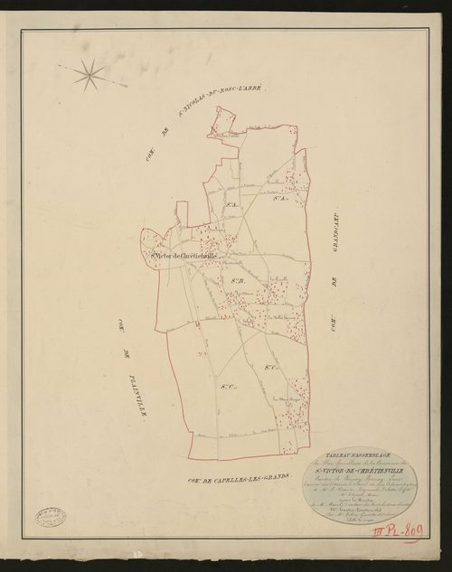Saint-Victor-de-Chrétienville. Tableau d'assemblage _ du Plan Parcellaire de la Commune de Saint-Victor-de-Chrétienville _ Canton de Bernay - Bernay - Eure. _ Terminé sur le terrain le 2 avril 1830, sous l'administration de M. Vicomte Raymo