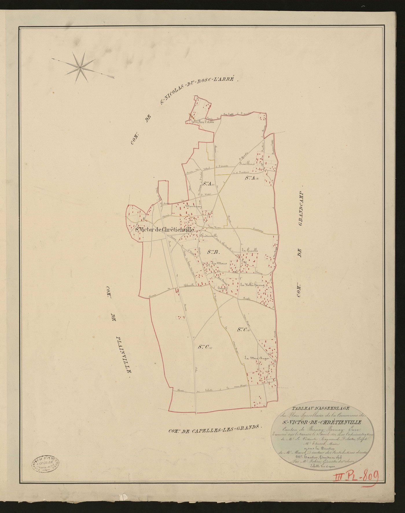 Saint-Victor-de-Chrétienville. Tableau d'assemblage _ du Plan Parcellaire de la Commune de Saint-Victor-de-Chrétienville _ Canton de Bernay - Bernay - Eure. _ Terminé sur le terrain le 2 avril 1830, sous l'administration de M. Vicomte Raymo