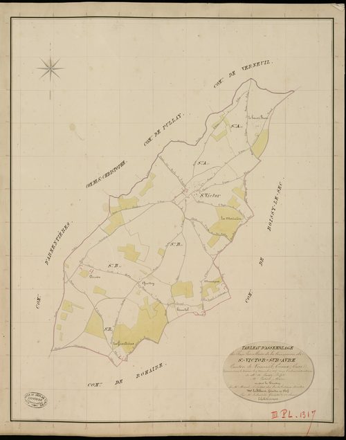 Saint-Victor-sur-Avre. Tableau d'assemblage _ du Plan Parcellaire de la Commune de St Victor sur Avre _ Canton de Verneuil - Evreux - Eure. _ Terminé sur le Terrain le 17 Novembre 1835, sous l'administration de M. A. Passy, Préfet _ M. Poti