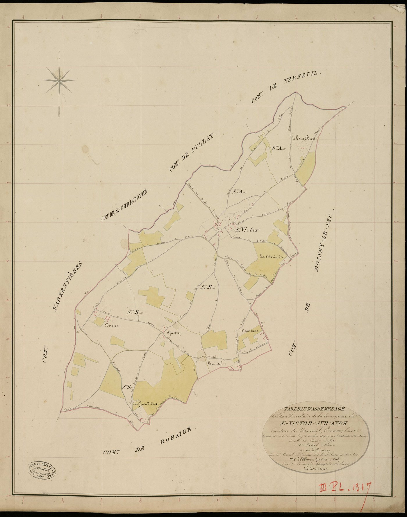 Saint-Victor-sur-Avre. Tableau d'assemblage _ du Plan Parcellaire de la Commune de St Victor sur Avre _ Canton de Verneuil - Evreux - Eure. _ Terminé sur le Terrain le 17 Novembre 1835, sous l'administration de M. A. Passy, Préfet _ M. Poti