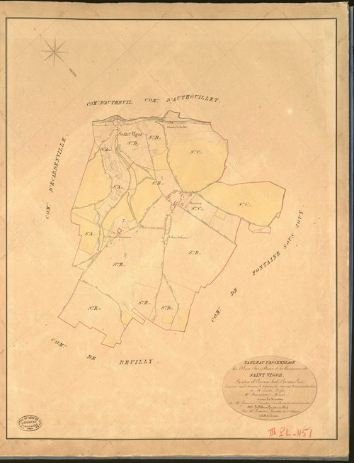 Saint-Vigor. Tableau d'assemblage _ du Plan Parcellaire de la Commune de Saint Vigor _ Canton de Evreux Sud - Evreux - Eure. _ Terminé sur le Terrain le 5 Novembre 1842, sous l'administration de M. Zédé, Préfet _ M. Fauveau, Maire _ sous la
