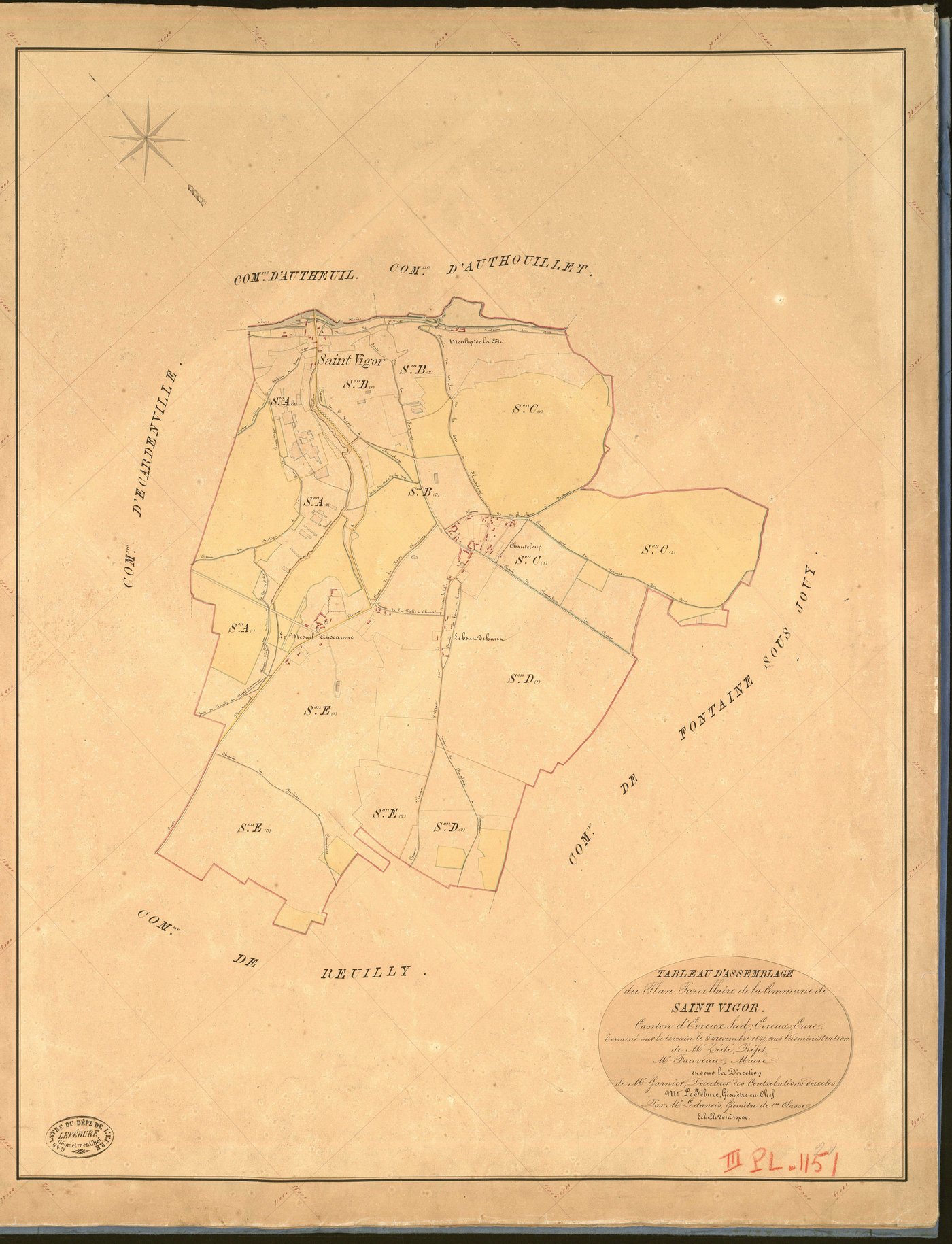 Saint-Vigor. Tableau d'assemblage _ du Plan Parcellaire de la Commune de Saint Vigor _ Canton de Evreux Sud - Evreux - Eure. _ Terminé sur le Terrain le 5 Novembre 1842, sous l'administration de M. Zédé, Préfet _ M. Fauveau, Maire _ sous la