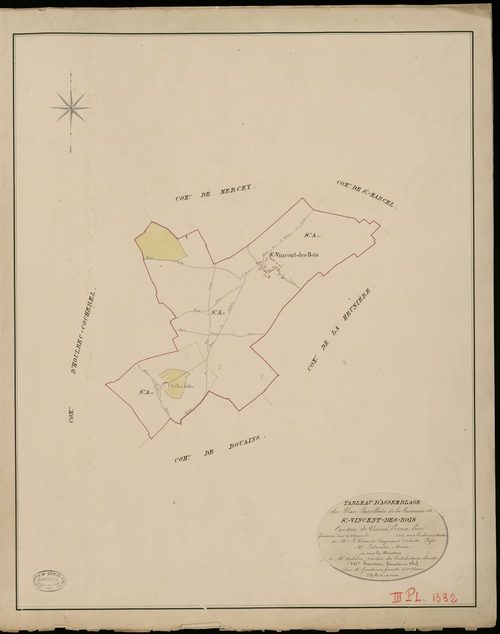 Saint-Vincent-des-Bois. Tableau d'assemblage _ du Plan Parcellaire de la Commune de St Vincent des Bois _ Canton de Vernon - Evreux - Eure. _ Terminé sur le Terrain en 1825, sous l'administration de M. Le Vicomte Raymond Delaitre, Préfet _ 