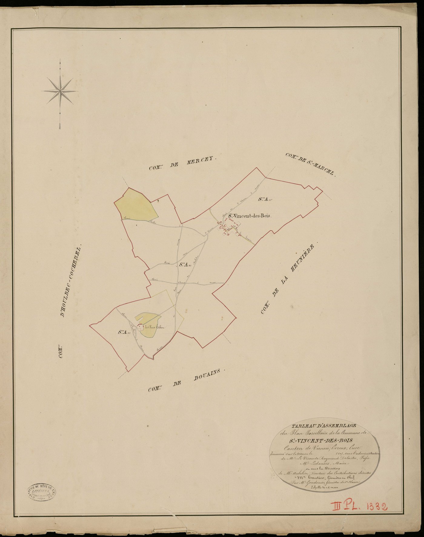 Saint-Vincent-des-Bois. Tableau d'assemblage _ du Plan Parcellaire de la Commune de St Vincent des Bois _ Canton de Vernon - Evreux - Eure. _ Terminé sur le Terrain en 1825, sous l'administration de M. Le Vicomte Raymond Delaitre, Préfet _ 