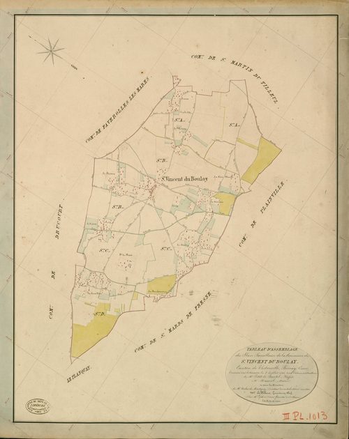Saint-Vincent-du-Boulay. Tableau d'assemblage _ du Plan Parcellaire de la Commune de St Vincent du Boulay _ Canton de Thiberville - Bernay - Eure. _ Terminé sur le Terrain le 3 Juillet 1845 , sous l'administration de M. Petit de Bantel, Pré