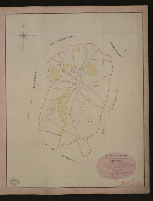 Sancourt. Tableau d'assemblage du Plan Parcellaire de la Commune de Sancourt. _ Canton de Gisors - Andelys - Eure. _ Terminé sur le terrain le 7 mai 1840, sous l'administration de M. de Monicault, Préfet - M. Pagnerre, Maire et sous la dire