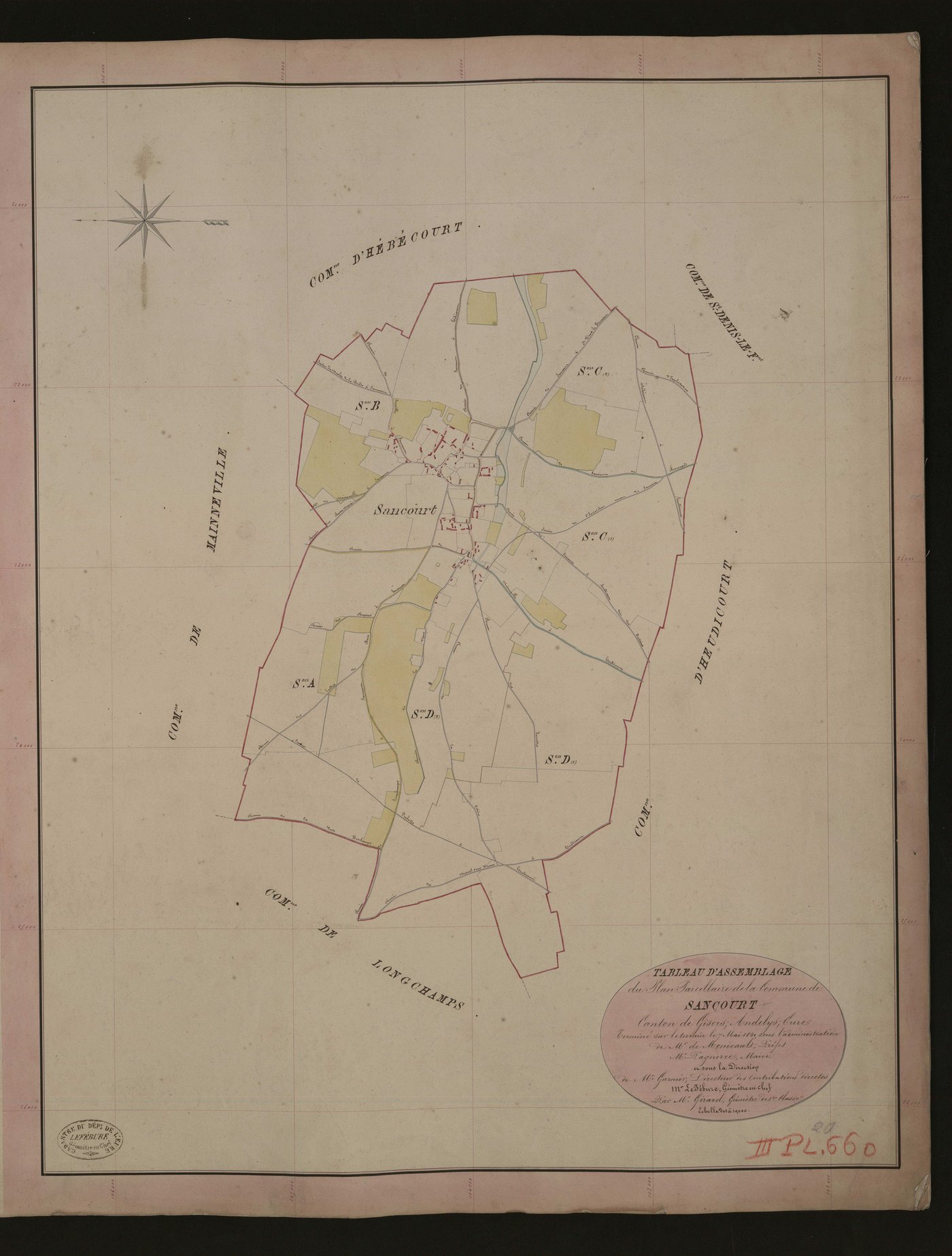 Sancourt. Tableau d'assemblage du Plan Parcellaire de la Commune de Sancourt. _ Canton de Gisors - Andelys - Eure. _ Terminé sur le terrain le 7 mai 1840, sous l'administration de M. de Monicault, Préfet - M. Pagnerre, Maire et sous la dire