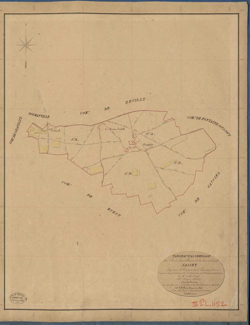 Sassey. Tableau d'assemblage _ du Plan Parcellaire de la Commune de Sassey _ Canton de Evreux Sud - Evreux - Eure. _ Terminé sur le Terrain le 25 Aout 1841, sous l'administration de M. Zédé, Préfet _ M. Chéron, Maire _ sous la Direction de 