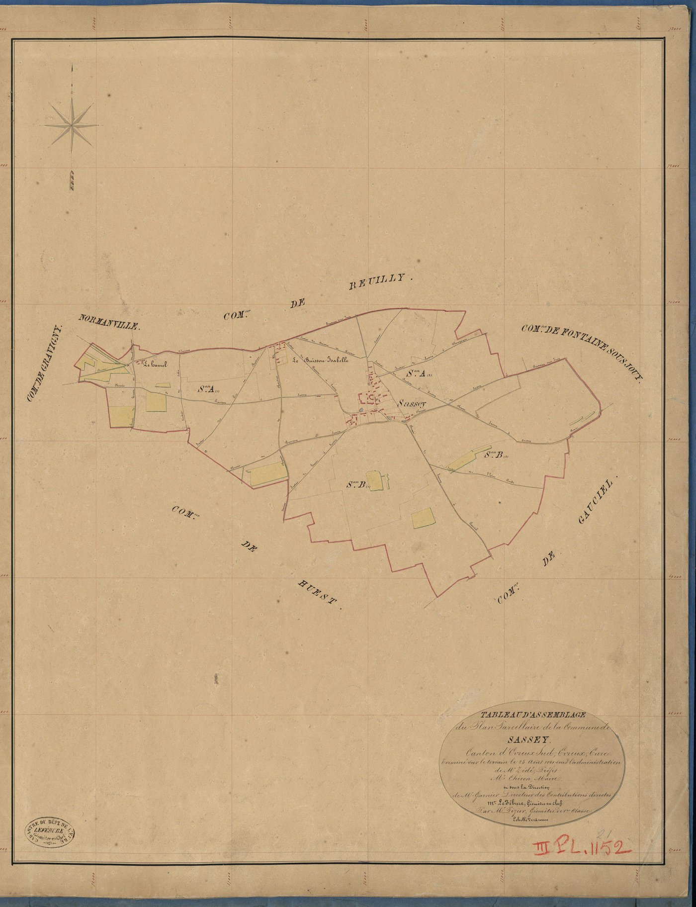 Sassey. Tableau d'assemblage _ du Plan Parcellaire de la Commune de Sassey _ Canton de Evreux Sud - Evreux - Eure. _ Terminé sur le Terrain le 25 Aout 1841, sous l'administration de M. Zédé, Préfet _ M. Chéron, Maire _ sous la Direction de 