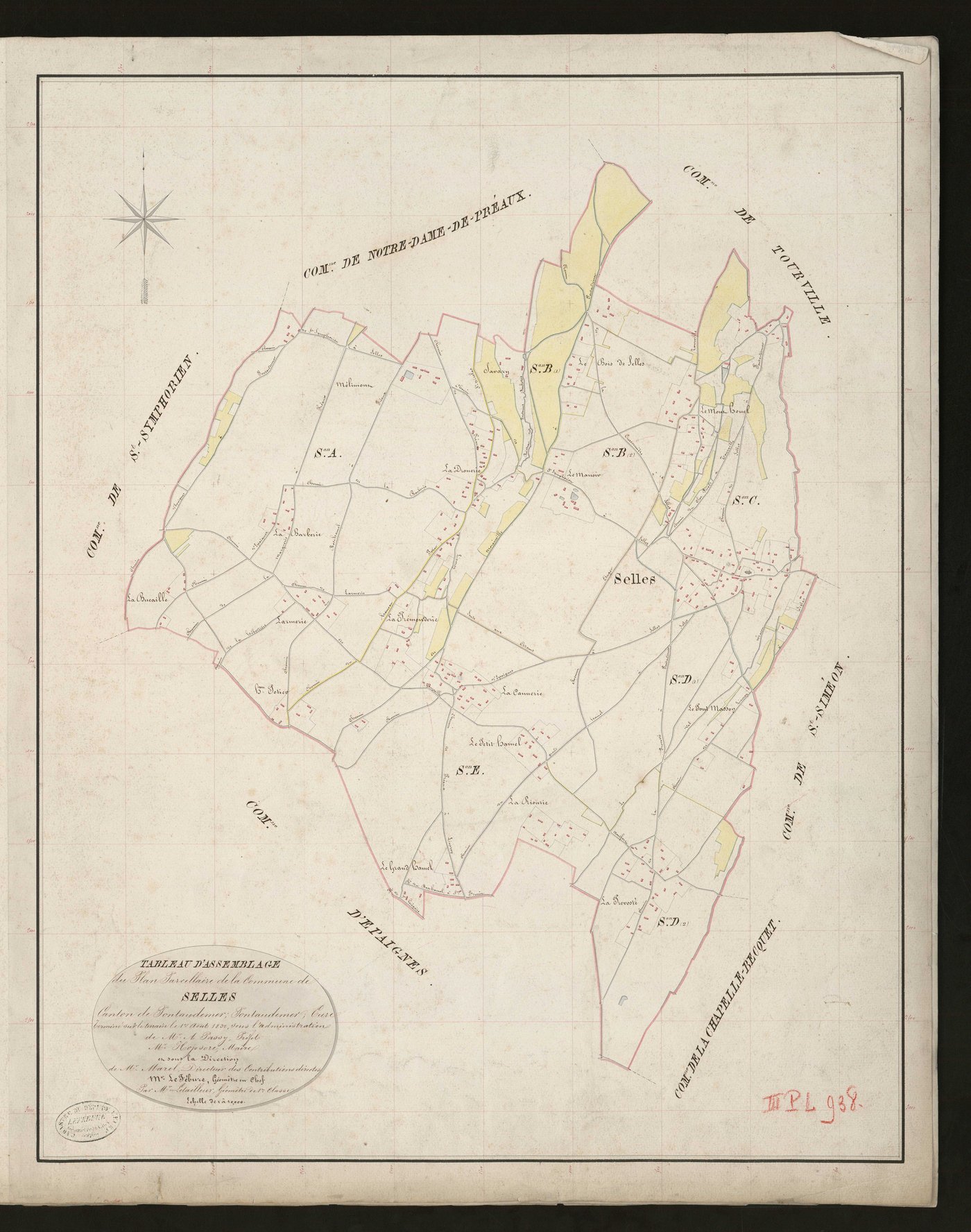Selles. Tableau d'assemblage _ du Plan Parcellaire de la Commune de Selles _ Canton de Pontaudemer - Pontaudemer - Eure. _ Terminé sur le Terrain le 1er aout 1832, sous l'administration de M. A Passy, Préfet _ M.Hopsore, Maire _ sous la Dir