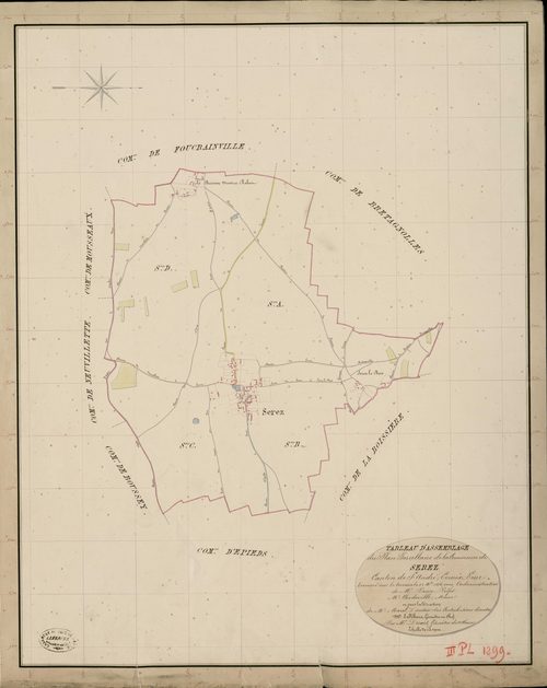 Serez. Tableau d'assemblage _ du Plan Parcellaire de la Commune de Serez _ Canton de Saint André - Evreux - Eure. _ Terminé sur le Terrain le 12 Octobre 1836, sous l'administration de M. Passy, Préfet _ M. Chedeville, Maire _ et sous la Dir