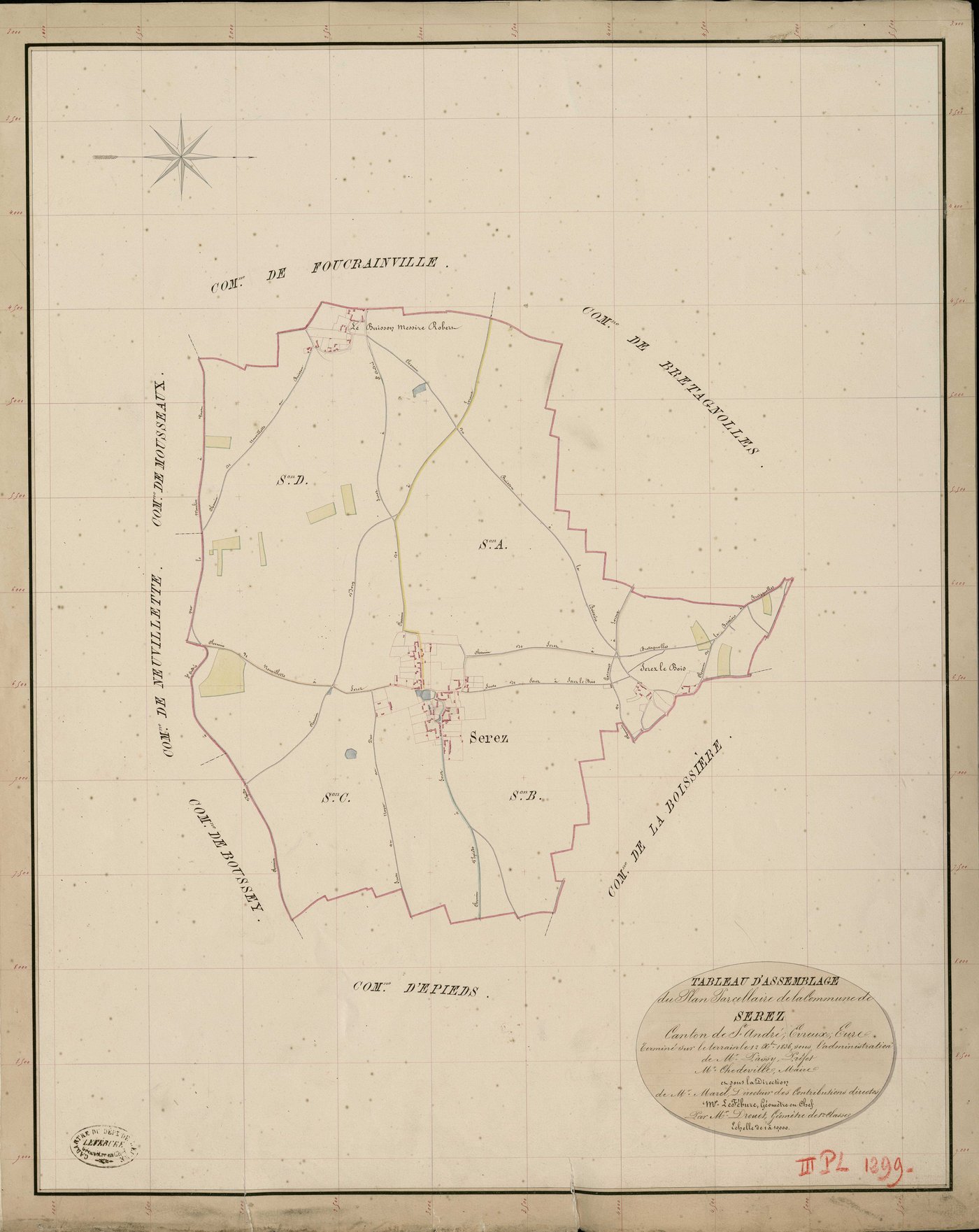 Serez. Tableau d'assemblage _ du Plan Parcellaire de la Commune de Serez _ Canton de Saint André - Evreux - Eure. _ Terminé sur le Terrain le 12 Octobre 1836, sous l'administration de M. Passy, Préfet _ M. Chedeville, Maire _ et sous la Dir
