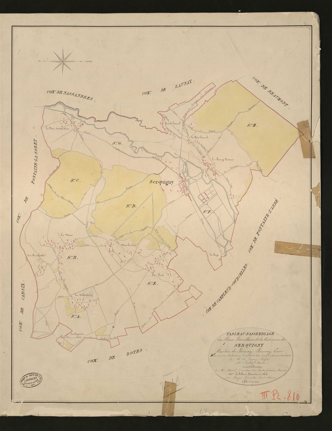 Serquigny. Tableau d'assemblage _ du Plan Parcellaire de la Commune de Serquigny _ Canton de Bernay - Bernay - Eure. _ Terminé sur le terrain le 2 avril 1830, sous l'administration de M. A Passy, Préfet _ M. Lailley, maire _ en sous la Dire