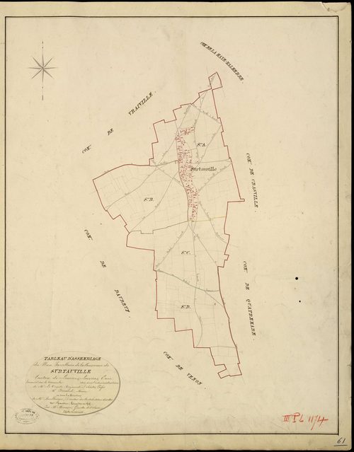 Surtauville. Tableau d'assemblage _ du Plan Parcellaire de la Commune de Surtauville _ Canton de Louviers - Louviers - Eure. _ Terminé sur le Terrain en 1823, sous l'administration de M. Le Vicomte Raymond Delaitre, Préfet _ M. Ferrand, Mai