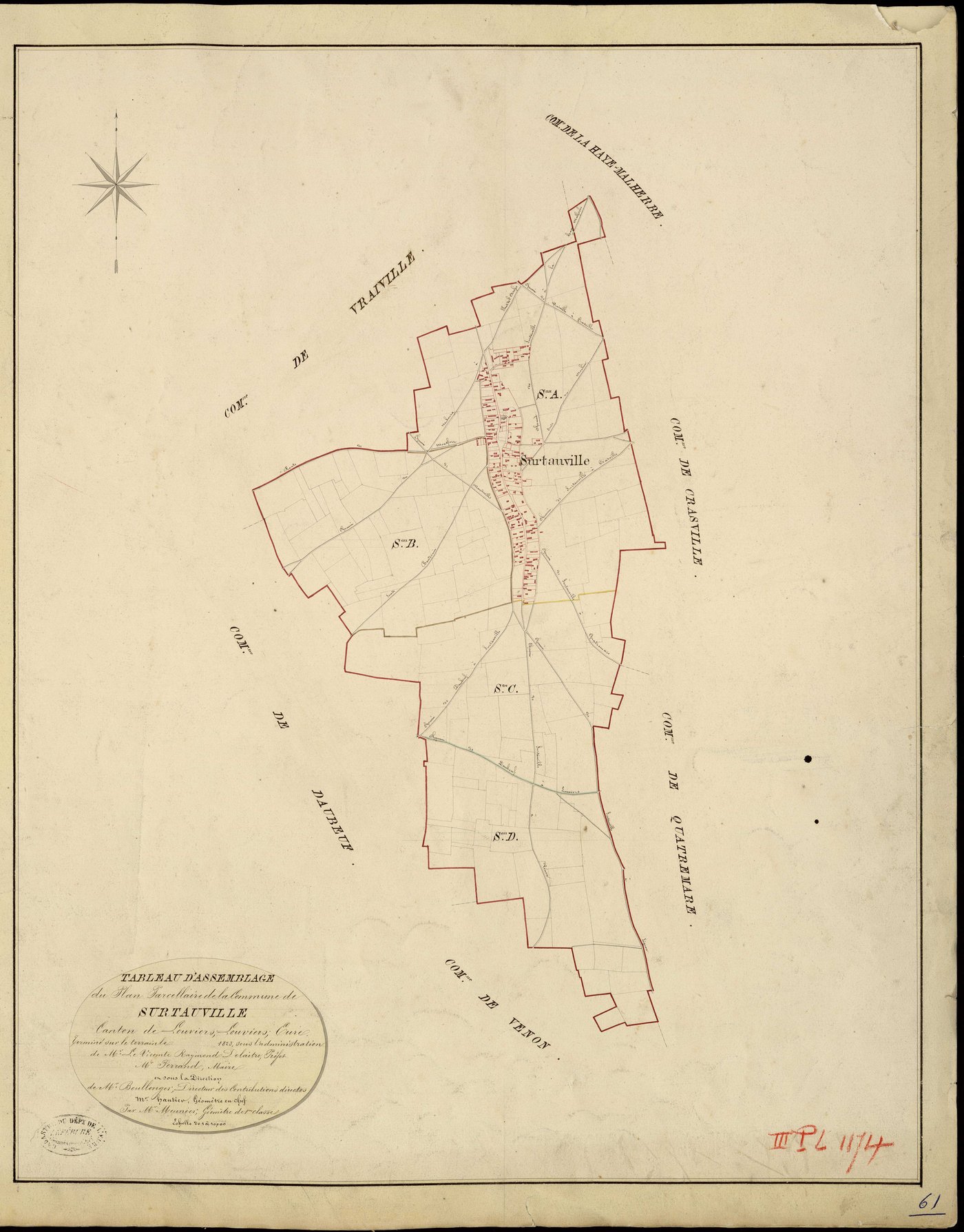 Surtauville. Tableau d'assemblage _ du Plan Parcellaire de la Commune de Surtauville _ Canton de Louviers - Louviers - Eure. _ Terminé sur le Terrain en 1823, sous l'administration de M. Le Vicomte Raymond Delaitre, Préfet _ M. Ferrand, Mai