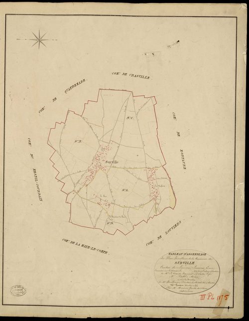 Surville. Tableau d'assemblage _ du Plan Parcellaire de la Commune de Surville _ Canton de Louviers - Louviers - Eure. _ Terminé sur le Terrain en 1823, sous l'administration de M. Le Vicomte Raymond Delaitre, Préfet _ M. Pestel, Maire _ et