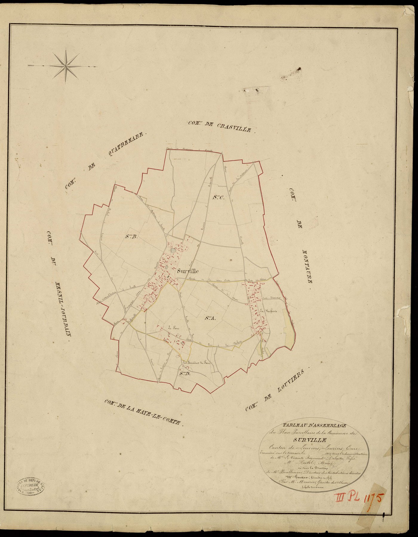Surville. Tableau d'assemblage _ du Plan Parcellaire de la Commune de Surville _ Canton de Louviers - Louviers - Eure. _ Terminé sur le Terrain en 1823, sous l'administration de M. Le Vicomte Raymond Delaitre, Préfet _ M. Pestel, Maire _ et