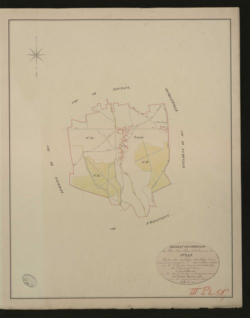 Suzay. Tableau d'assemblage du Plan Parcellaire de la Commune de Suzay. _ Canton des Andelys - Andelys, Eure. _ Terminé sur le terrain en 1830, sous l'administration de M. Le Vicomte Raymond Delaitre, Préfet - M. Defontenay, Maire et sous l