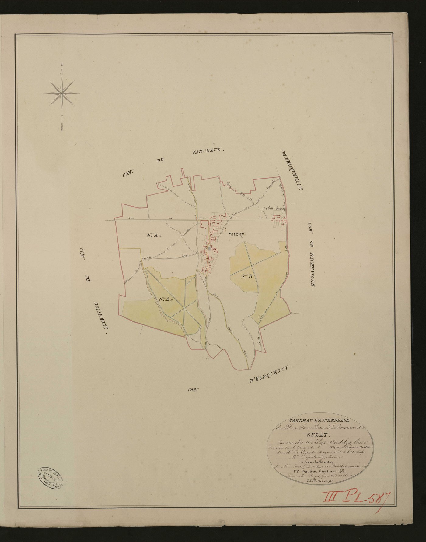 Suzay. Tableau d'assemblage du Plan Parcellaire de la Commune de Suzay. _ Canton des Andelys - Andelys, Eure. _ Terminé sur le terrain en 1830, sous l'administration de M. Le Vicomte Raymond Delaitre, Préfet - M. Defontenay, Maire et sous l