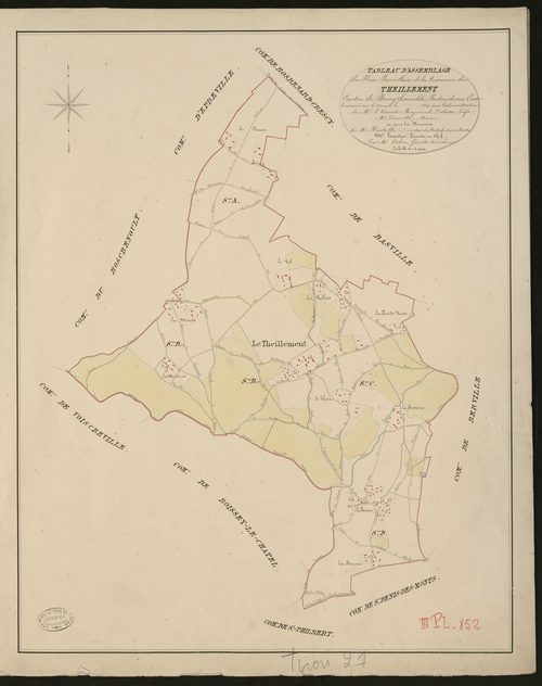 Theillement. Tableau d'assemblage du Plan Parcellaire de la Commune de Theillement. _ Canton de Bourgtheroulde - Pontaudemer - Eure. _ Terminé sur le terrain en 1828, sous l'administration de M. Le Vicomte Raymond Delaitre, Préfet - M. Devi