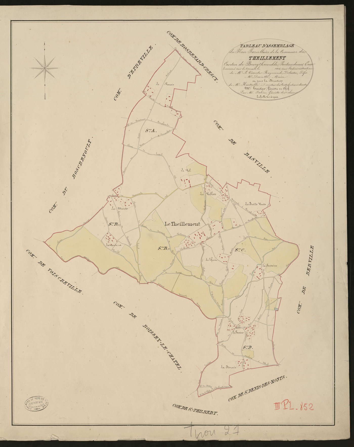 Theillement. Tableau d'assemblage du Plan Parcellaire de la Commune de Theillement. _ Canton de Bourgtheroulde - Pontaudemer - Eure. _ Terminé sur le terrain en 1828, sous l'administration de M. Le Vicomte Raymond Delaitre, Préfet - M. Devi